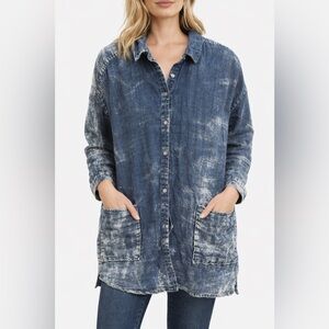 Pure Jill Indigo 100% Cotton Button Front Tunic Shirt Pockets Siz